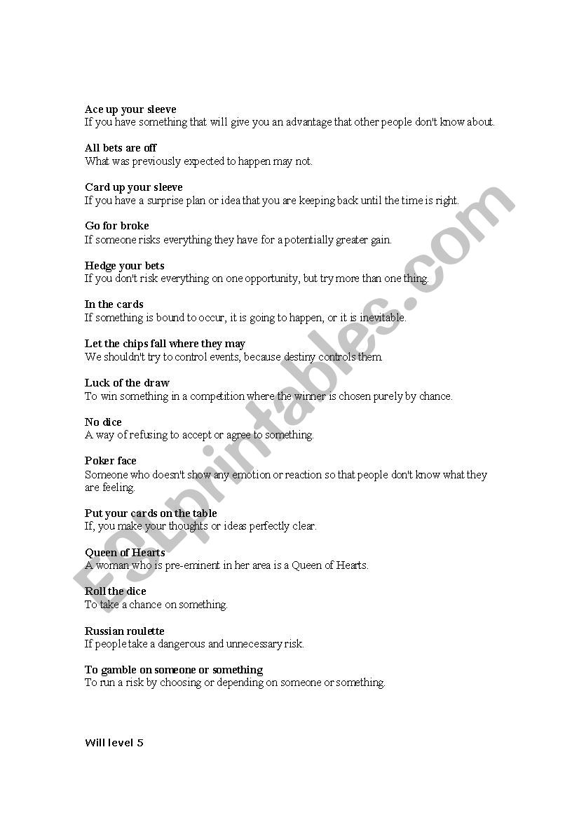 Gambling idioms worksheet