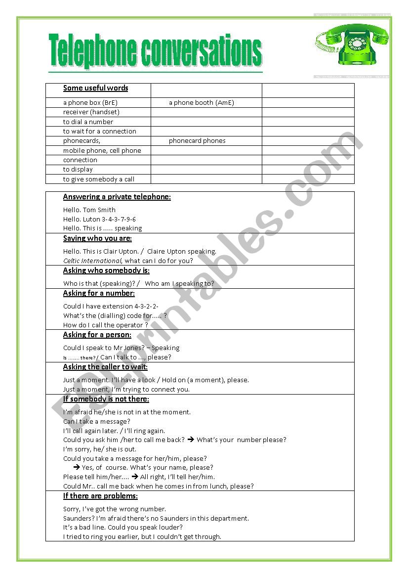 Telephone conversations worksheet