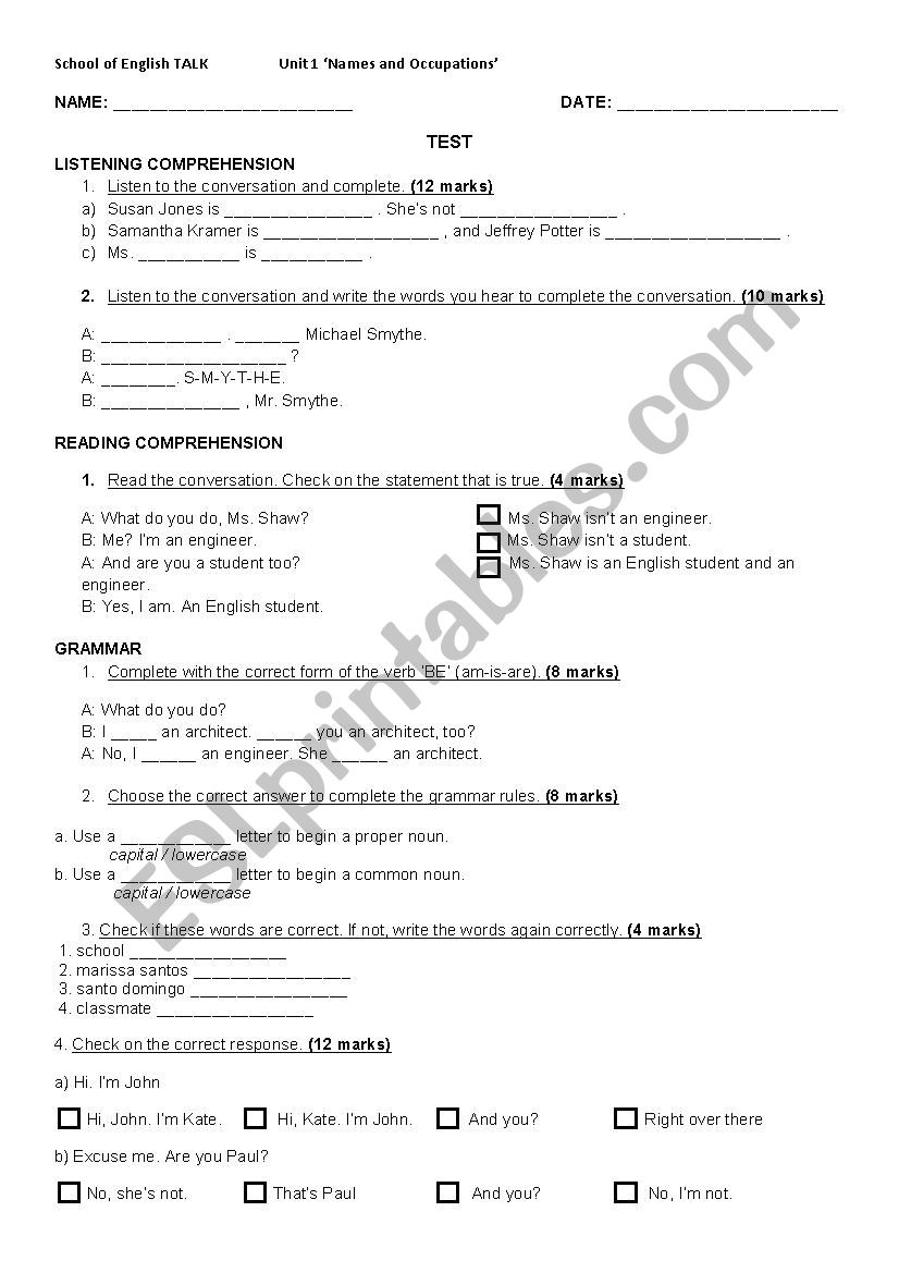 TOP NOTCH Fundamentals A Test Unit 1 