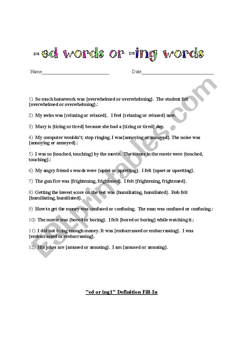 ed or  ing  practice with key worksheet