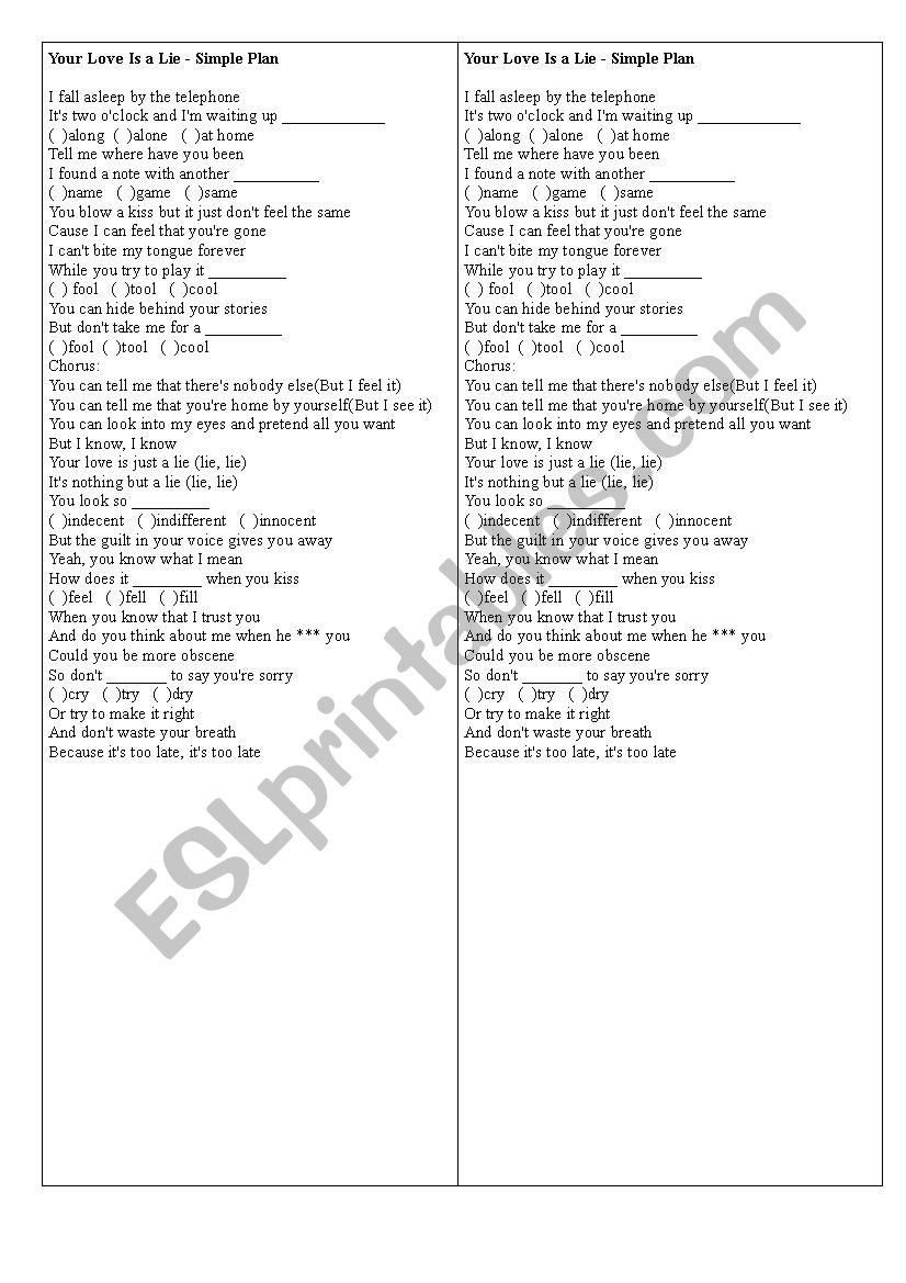 Your love is a lie worksheet