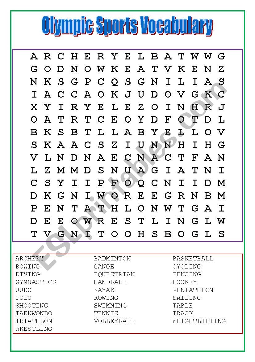 Olympic Sports Vocabulary wordsearch - ESL worksheet by stonefarm