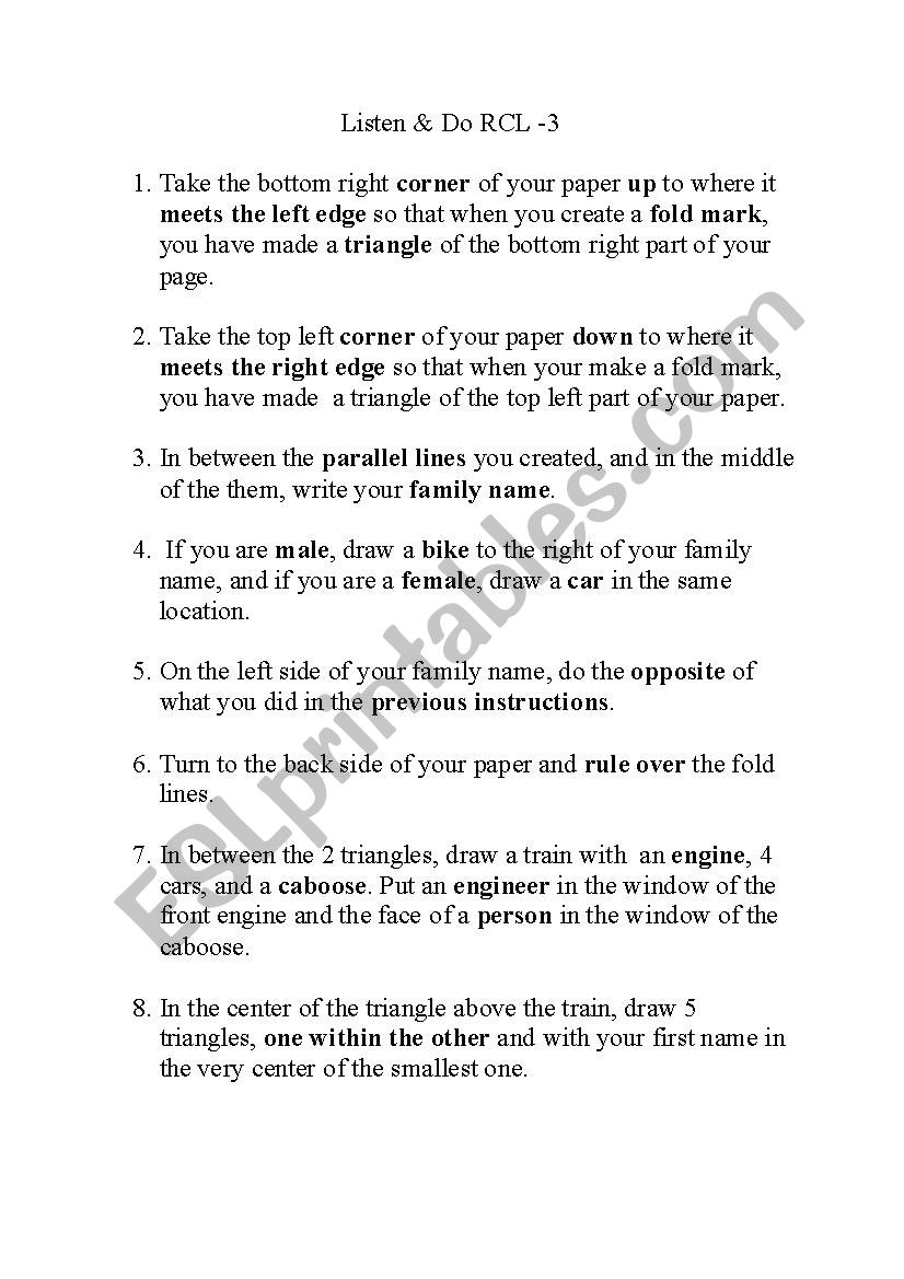 Listen and Do Activity RCL-3 worksheet