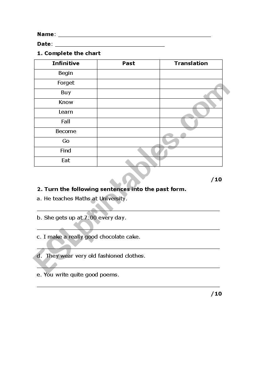 IRREGULAR PAST TENSE TEST worksheet