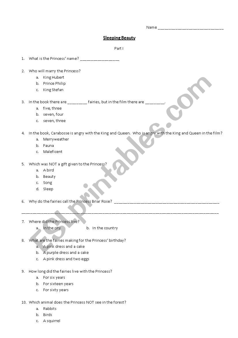 Sleeping Beauty Film Worksheet