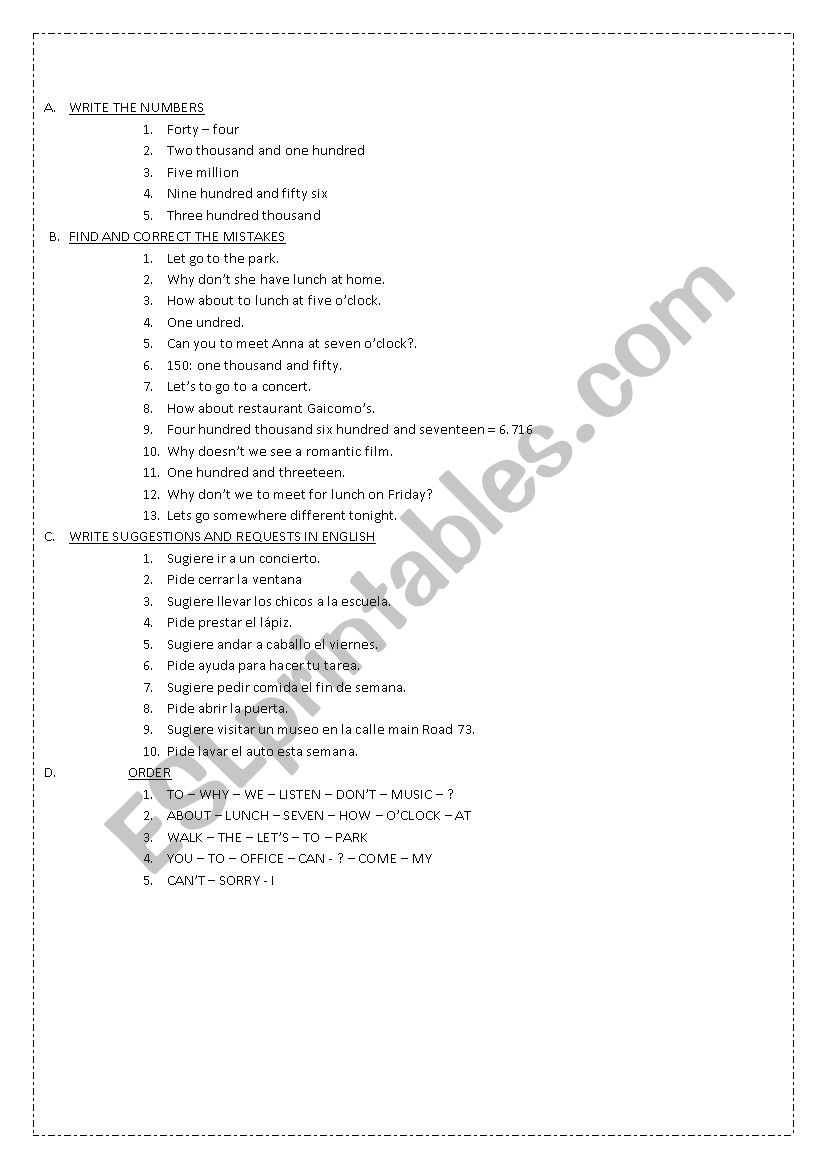 NUMBERS AND SUGGESTIONS worksheet