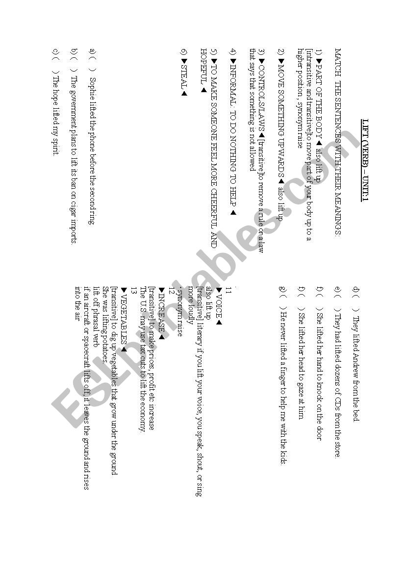 LIFT as a verb and noun worksheet