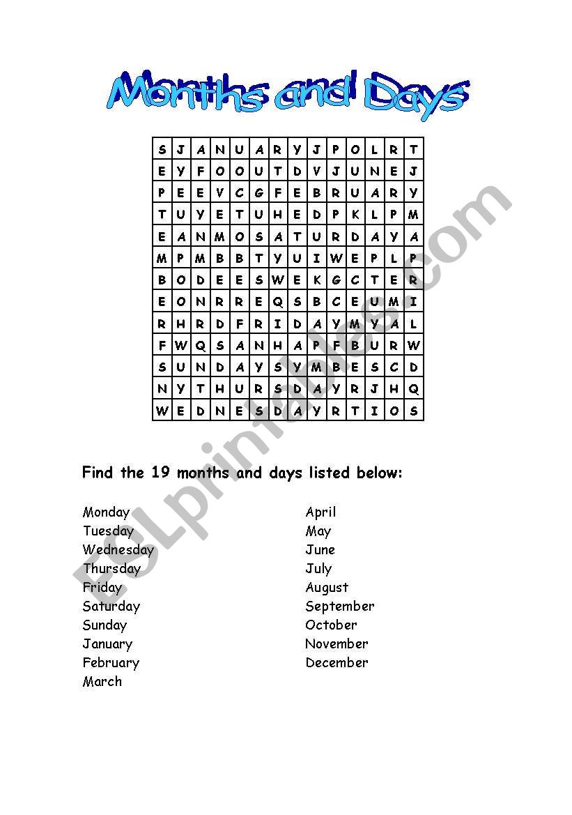 Months and Days of the week worksheet