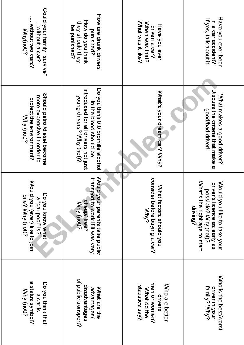 questions on cars and driving worksheet