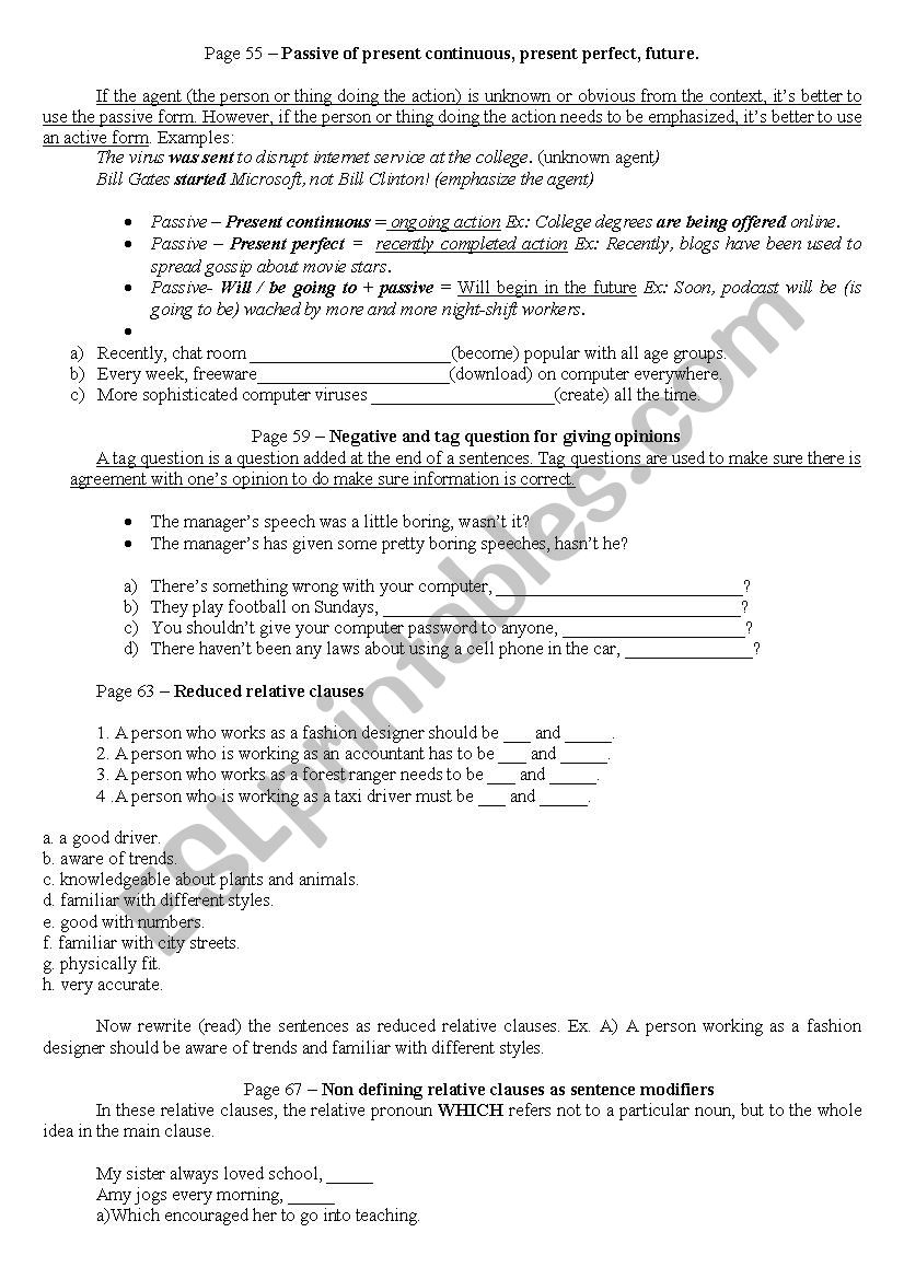 Review exercises - Book Passages 1 Unit 7, 8 and 9 .