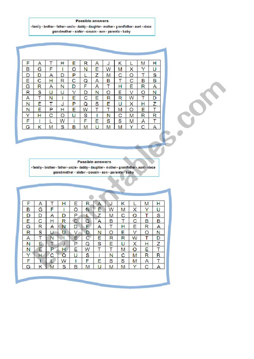 family crossword worksheet