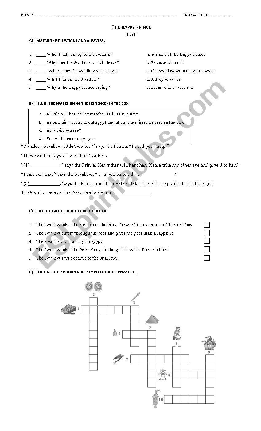 The Happy Prince - Final test worksheet