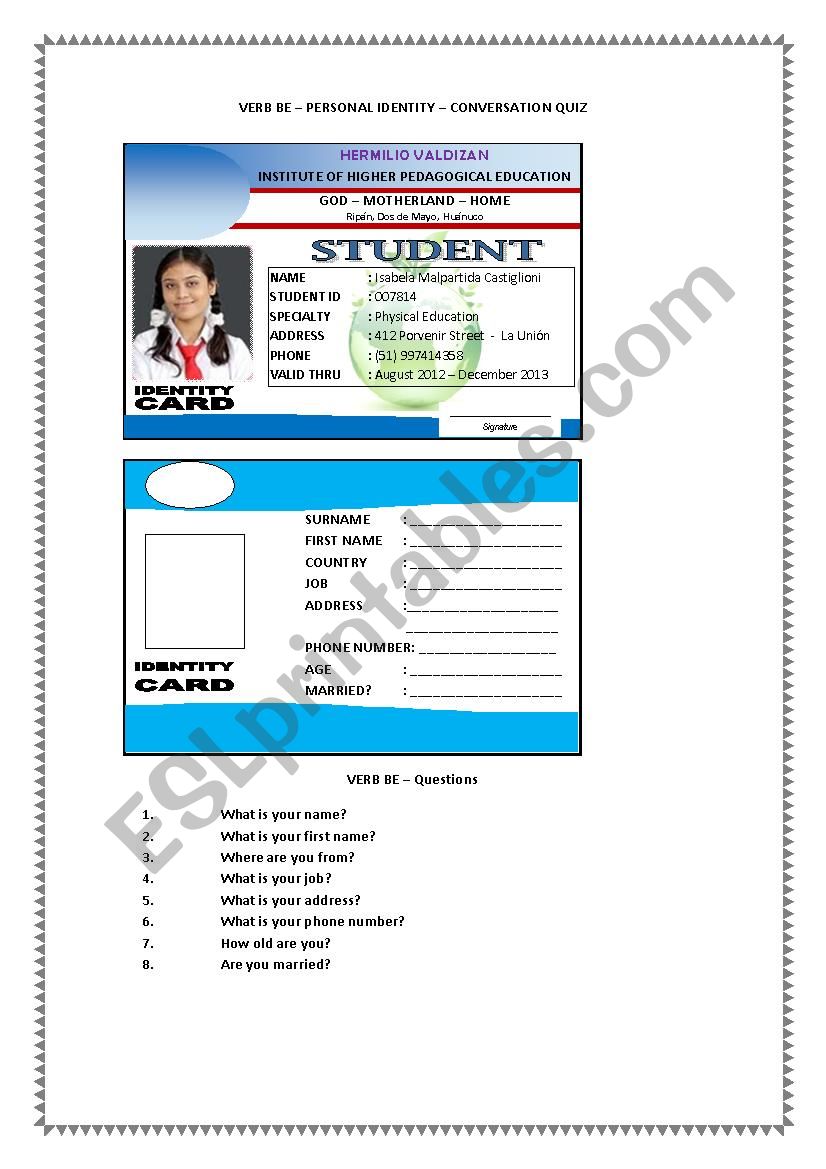 PERSONAL IDENTITY CARD worksheet