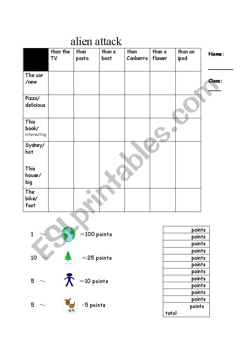 Alien Attack Comparatives worksheet