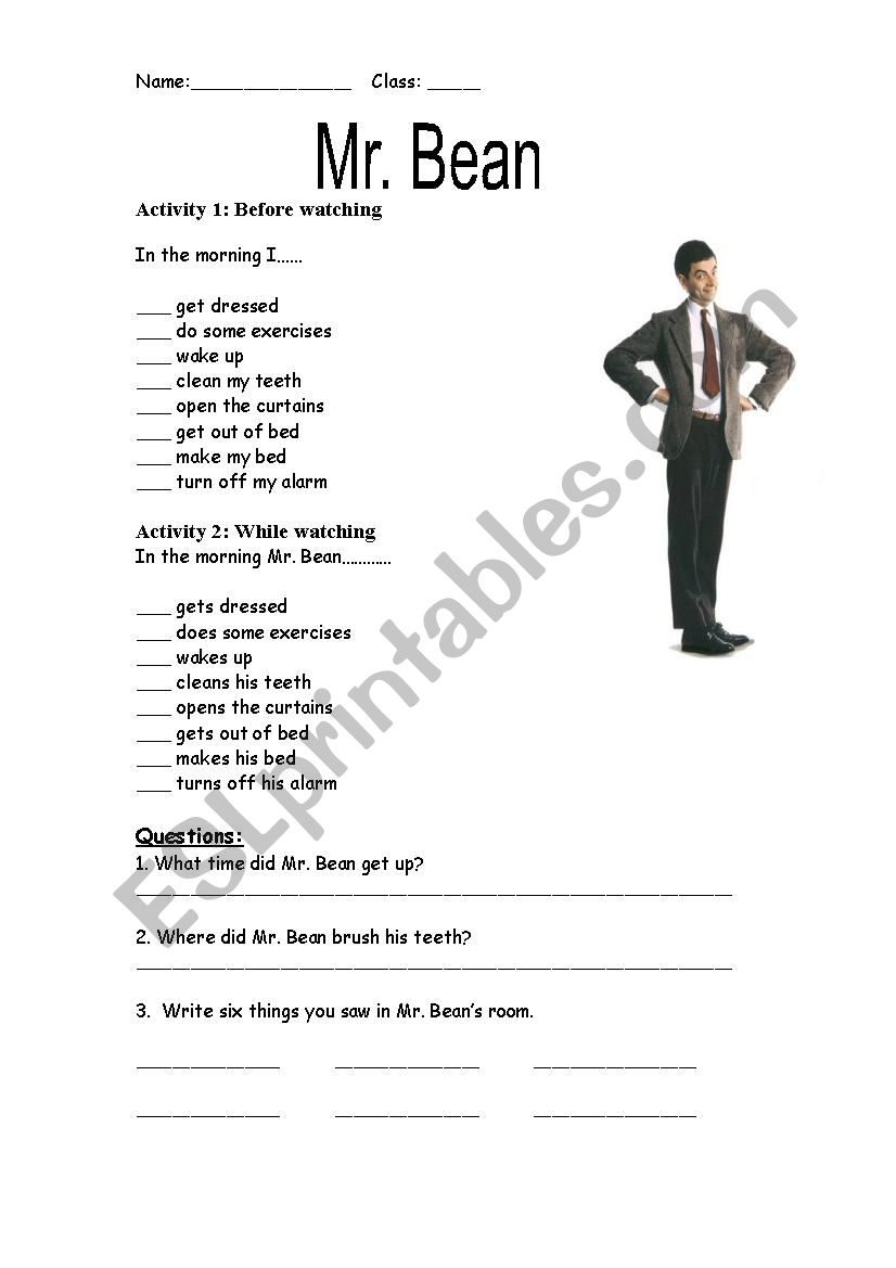 The Trouble With Mr. Bean worksheet