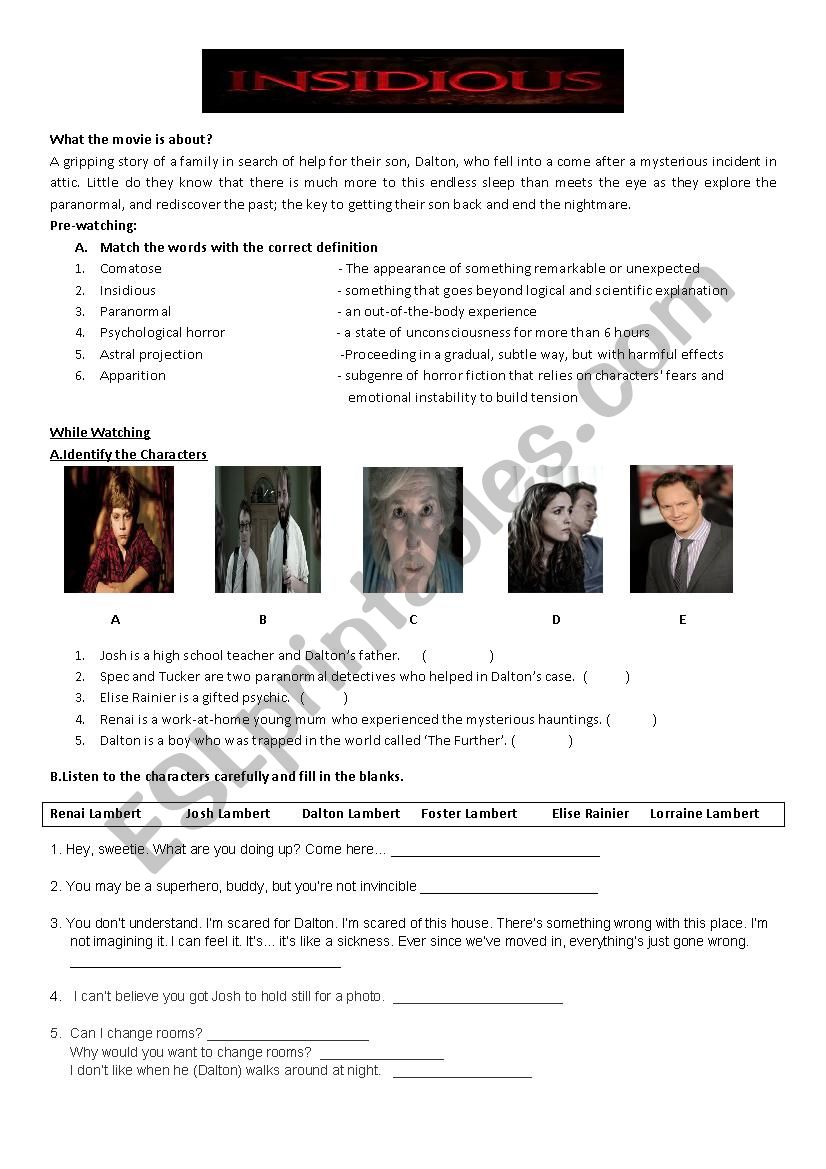 INSIDIOUS (2011) MOVIE WORKSHEET