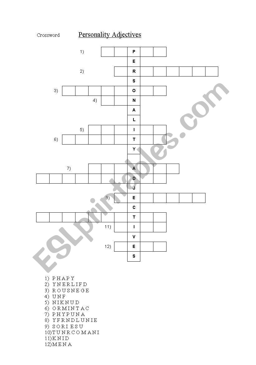 Personality crossword worksheet