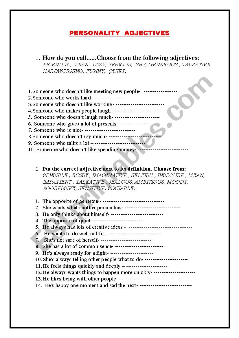 personality adjectives worksheet