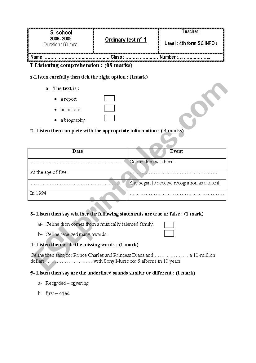 mid term test n 1 for 4th year 