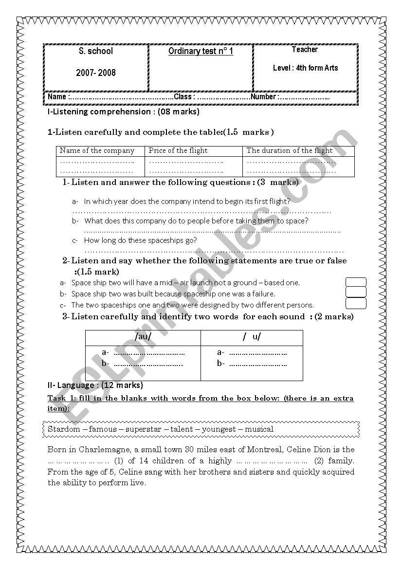 ordinary test n 1 bac  worksheet