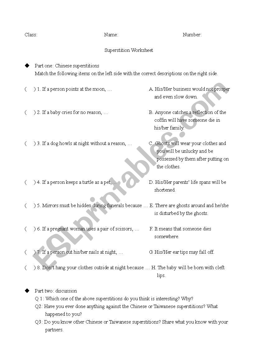 worksheet: superstitions worksheet