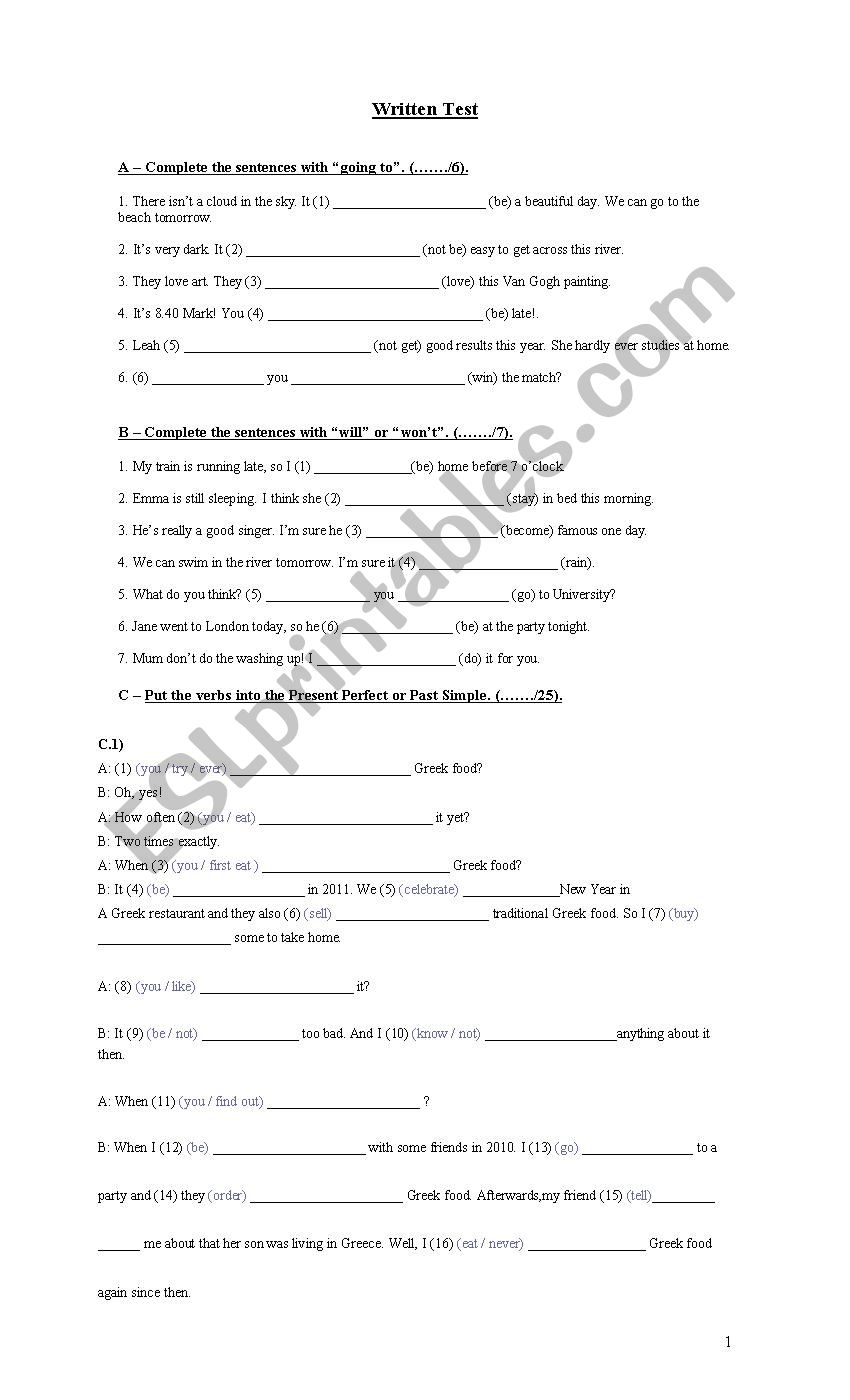Written Test Elementary worksheet