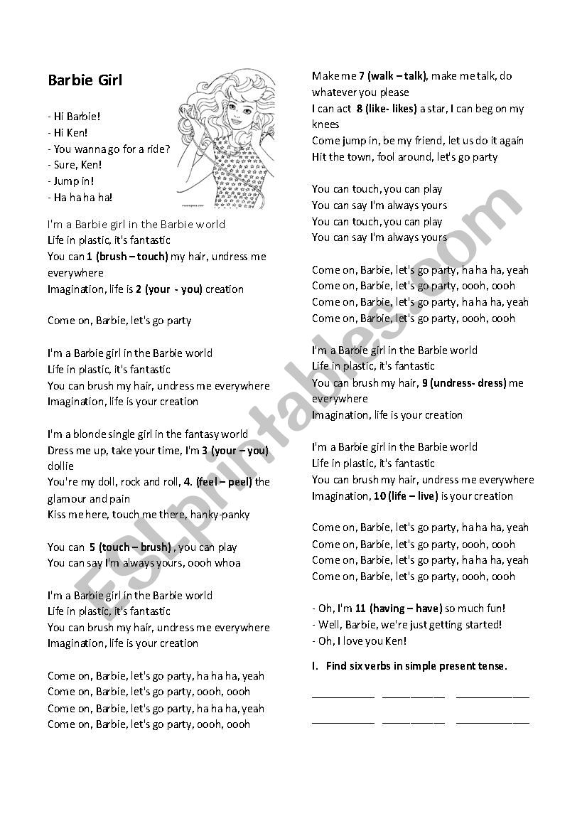 barbie girl worksheet