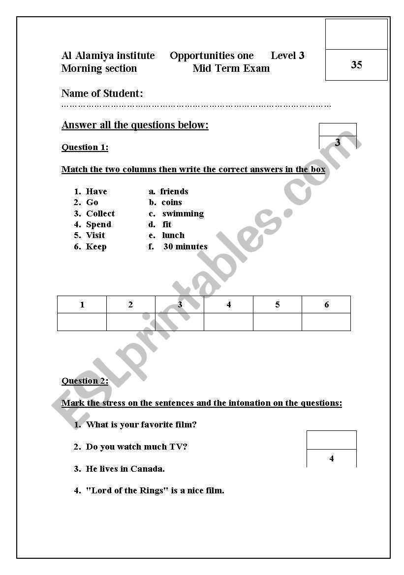 exam worksheet