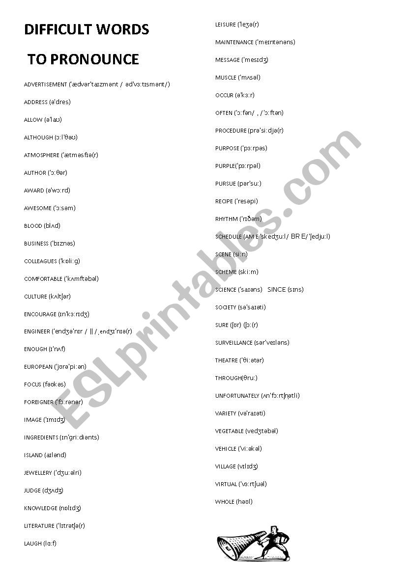 DIFFICULT WORDS TO PRONOUNCE worksheet