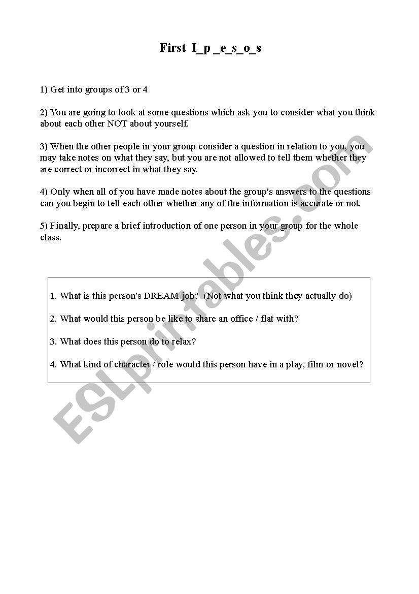 First impressions worksheet