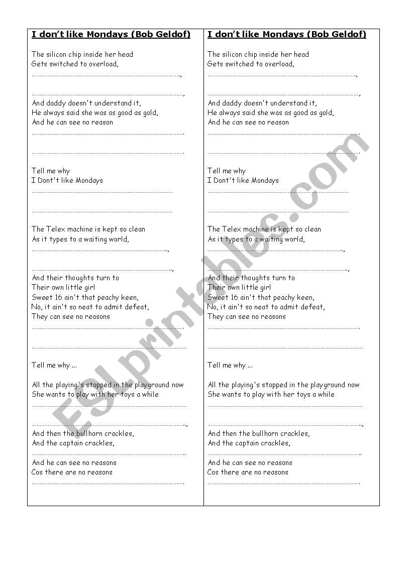 I don´t like Mondays worksheet