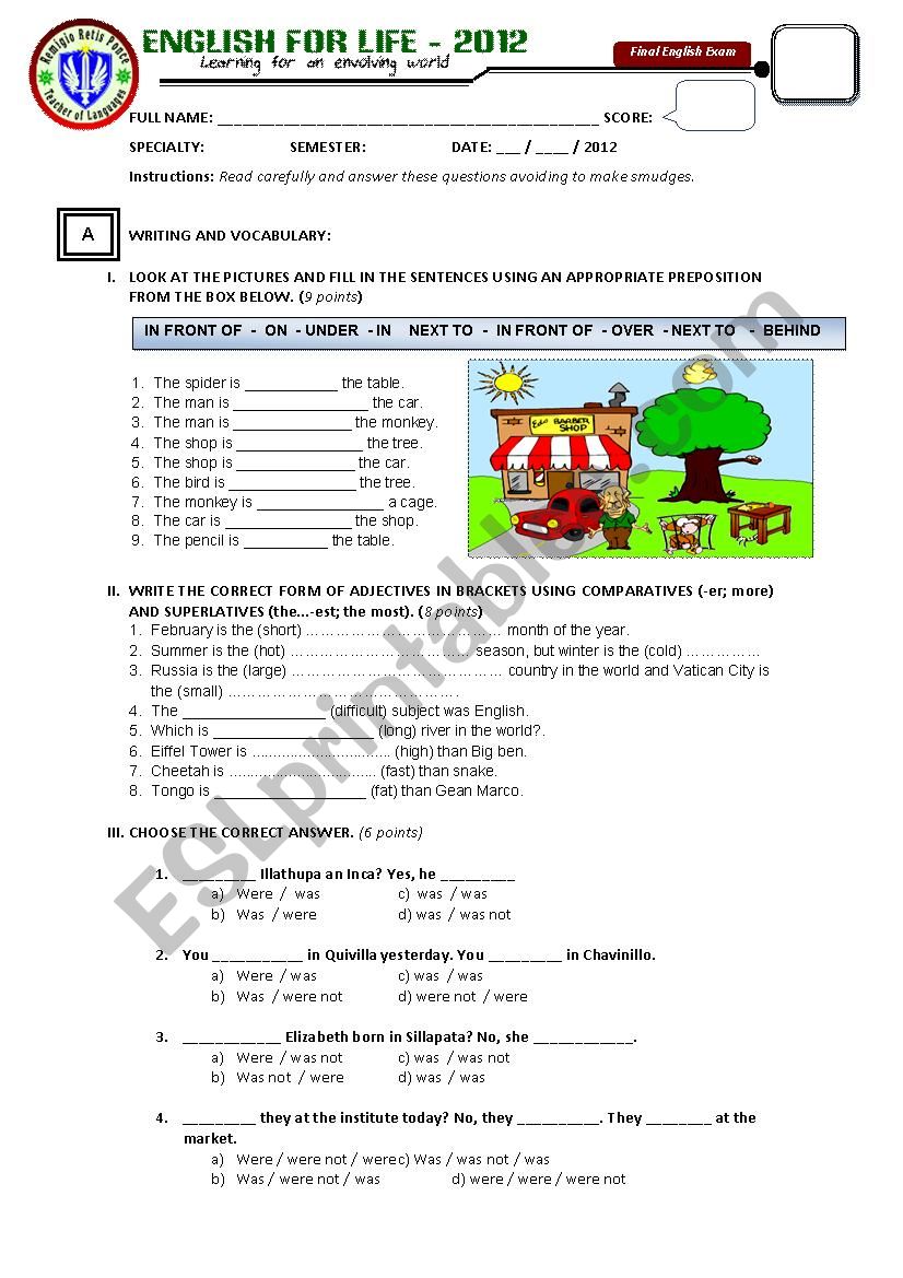 Test on Prepositions, comparatives, superlatives, and past simple: verb to be, reading