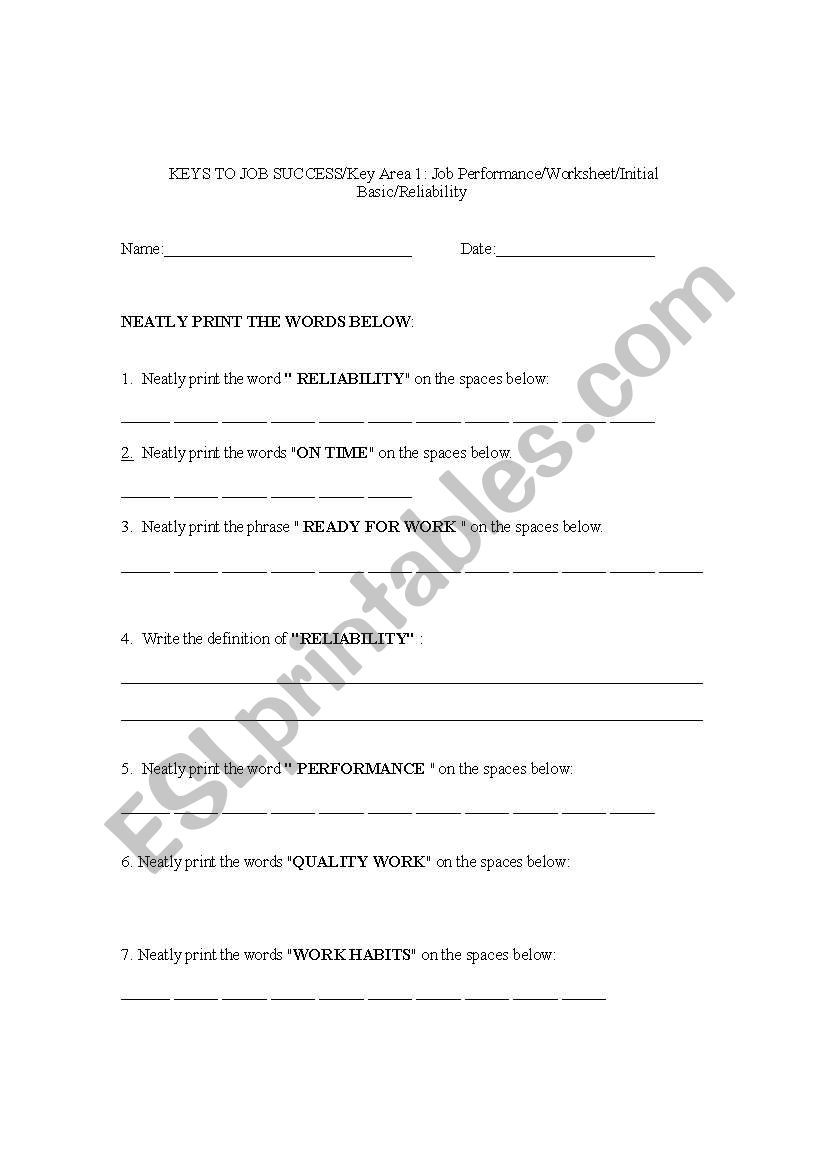 Job Performance/Worksheet/Initial Basic/Reliability