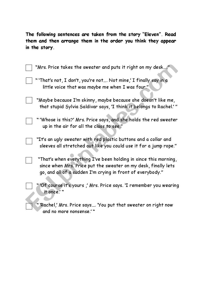 Eleven By Sandra Cisneros Activities Esl Worksheet By Sdougla