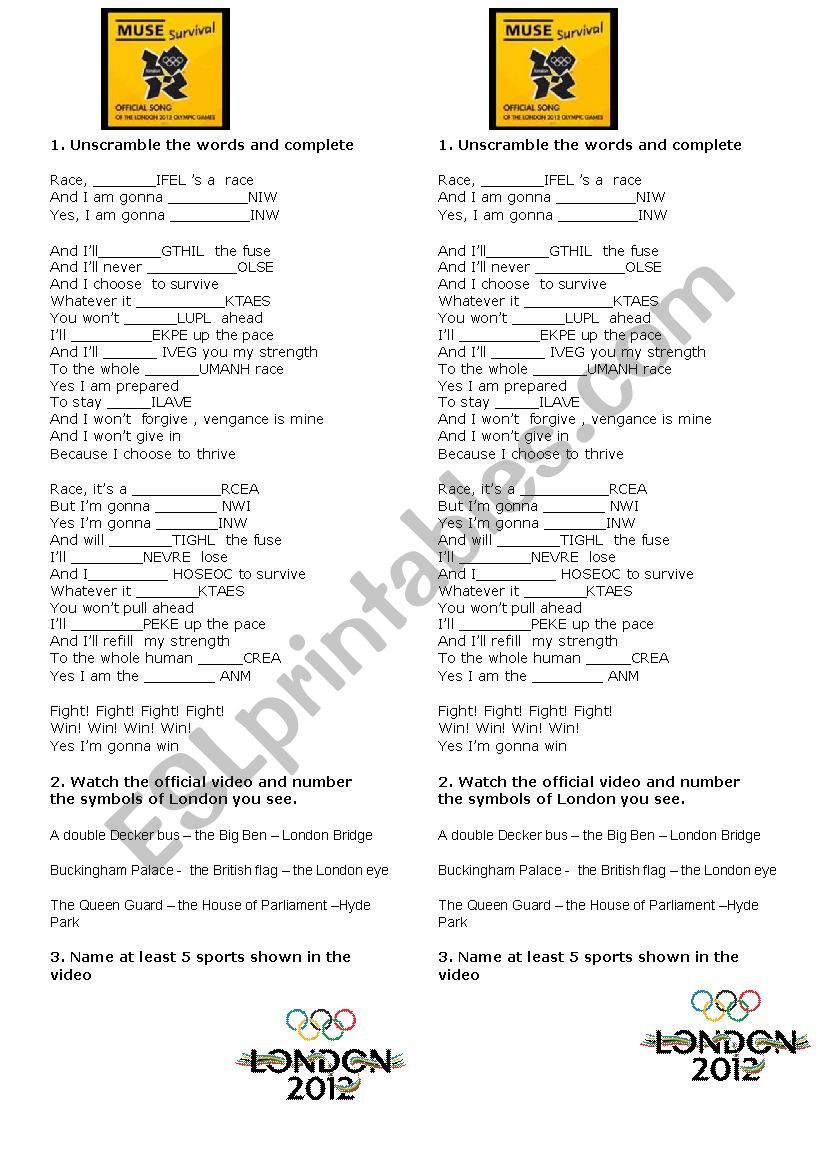 song olympic games worksheet