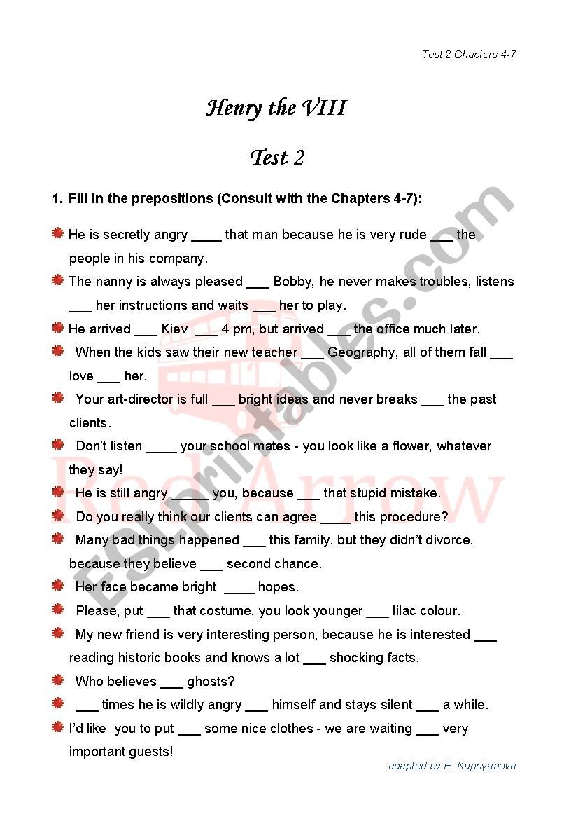Henry the VIII and his 6 wives - Progress Test 2 Chapters 5-7