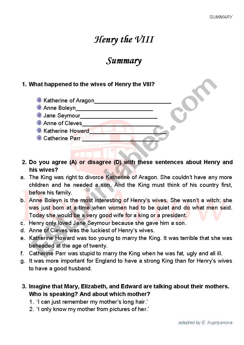 Henry the VIII and his 6 wives - Reading Summary and Final Test