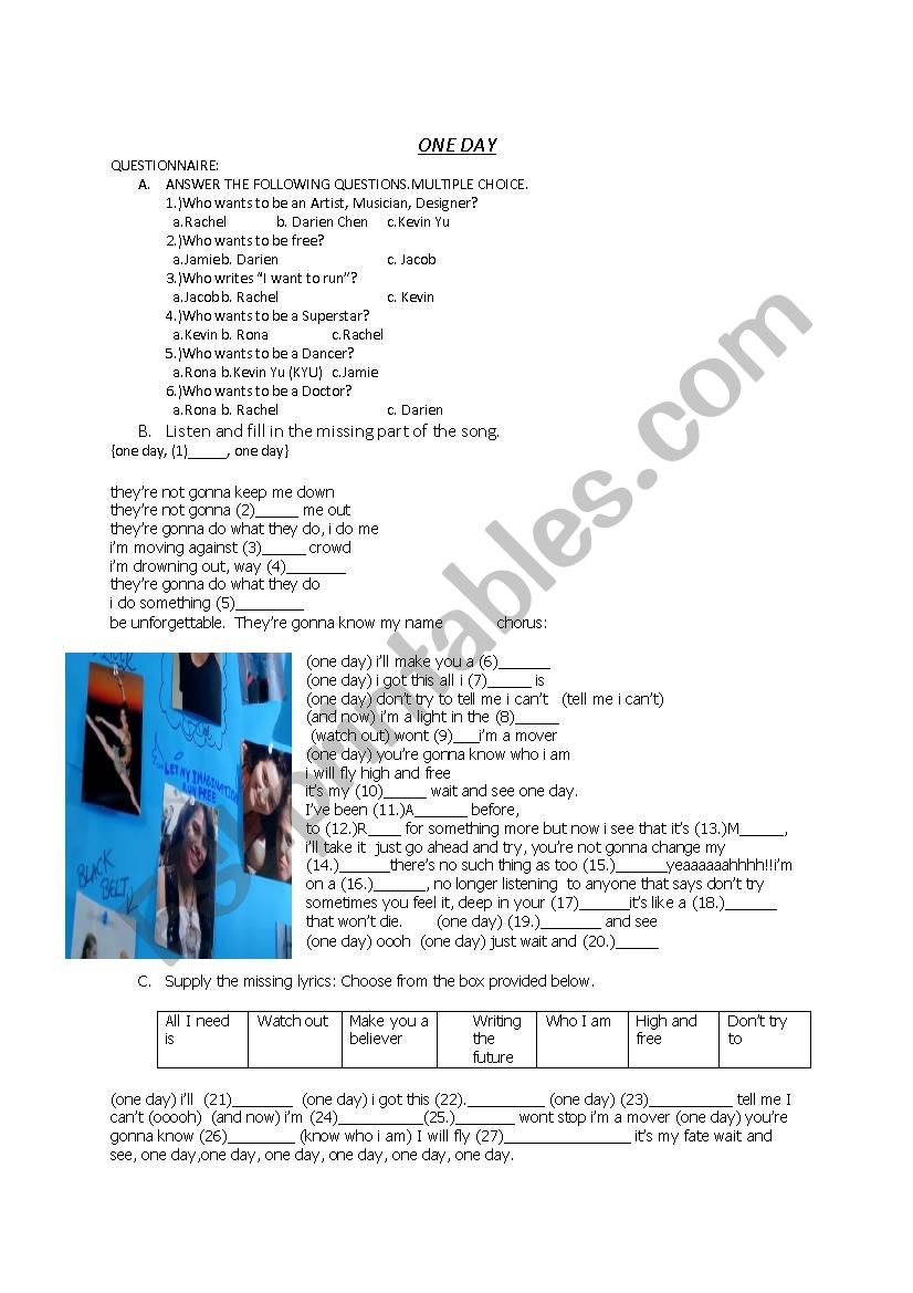 one day by charice  worksheet