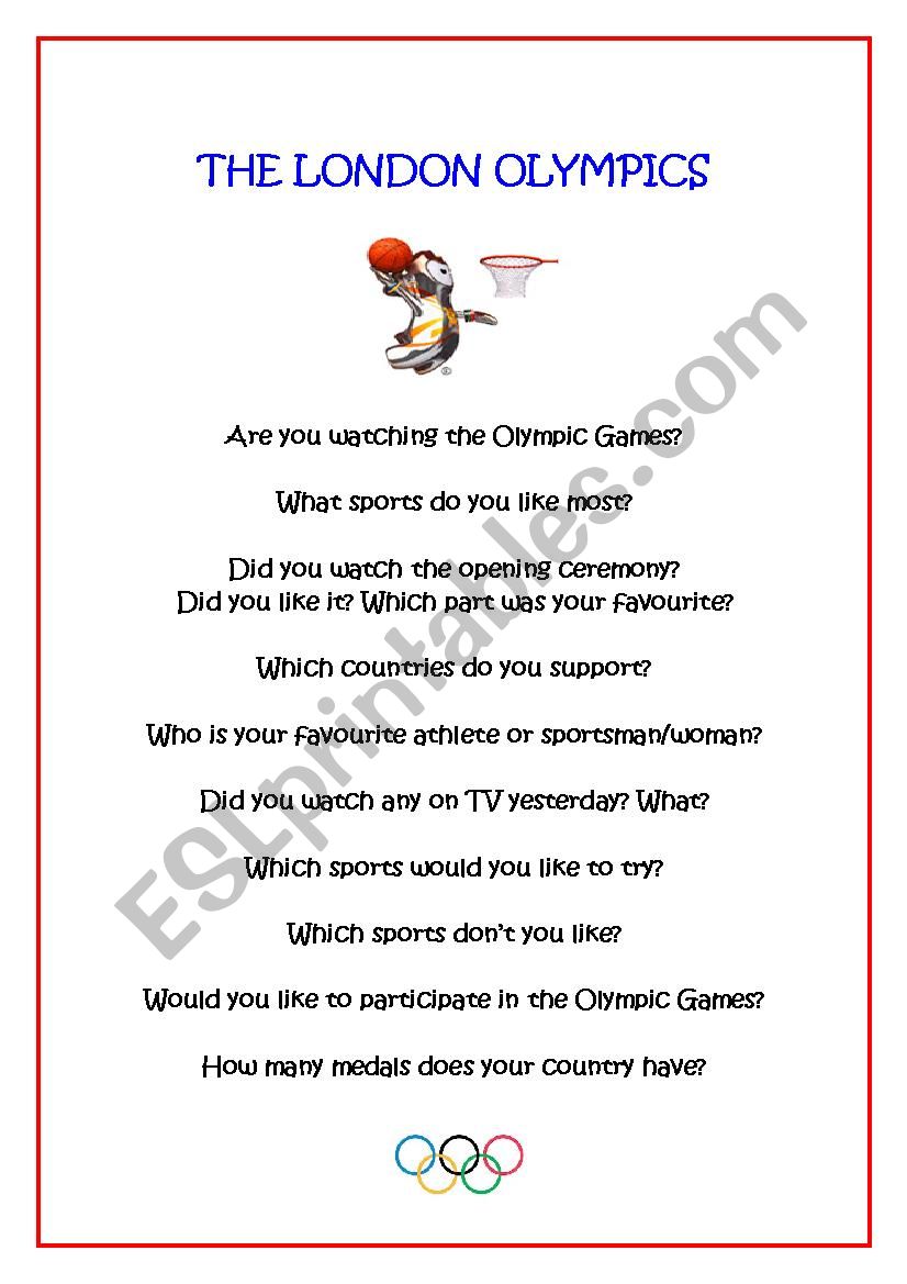 Olympics Speaking Questions worksheet