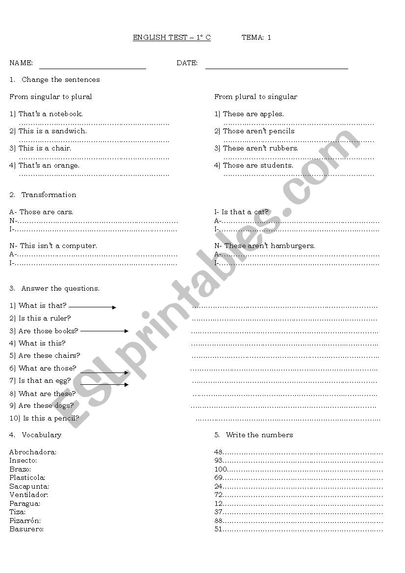 test worksheet