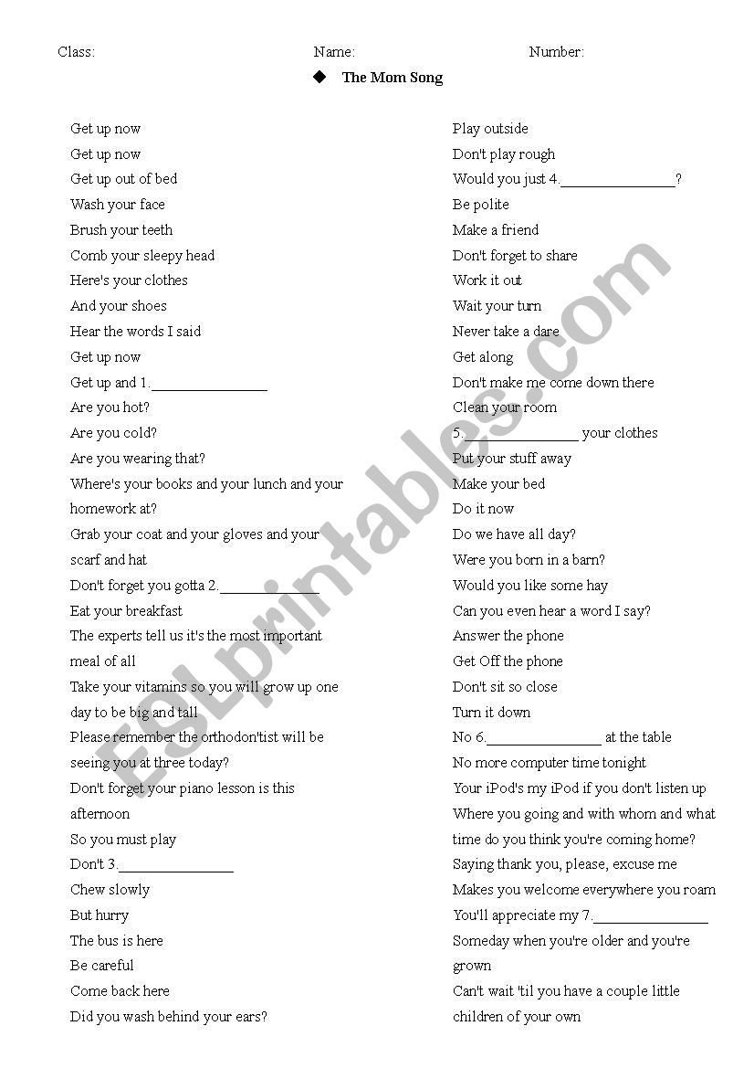 Lyrics -- The Mom Song worksheet