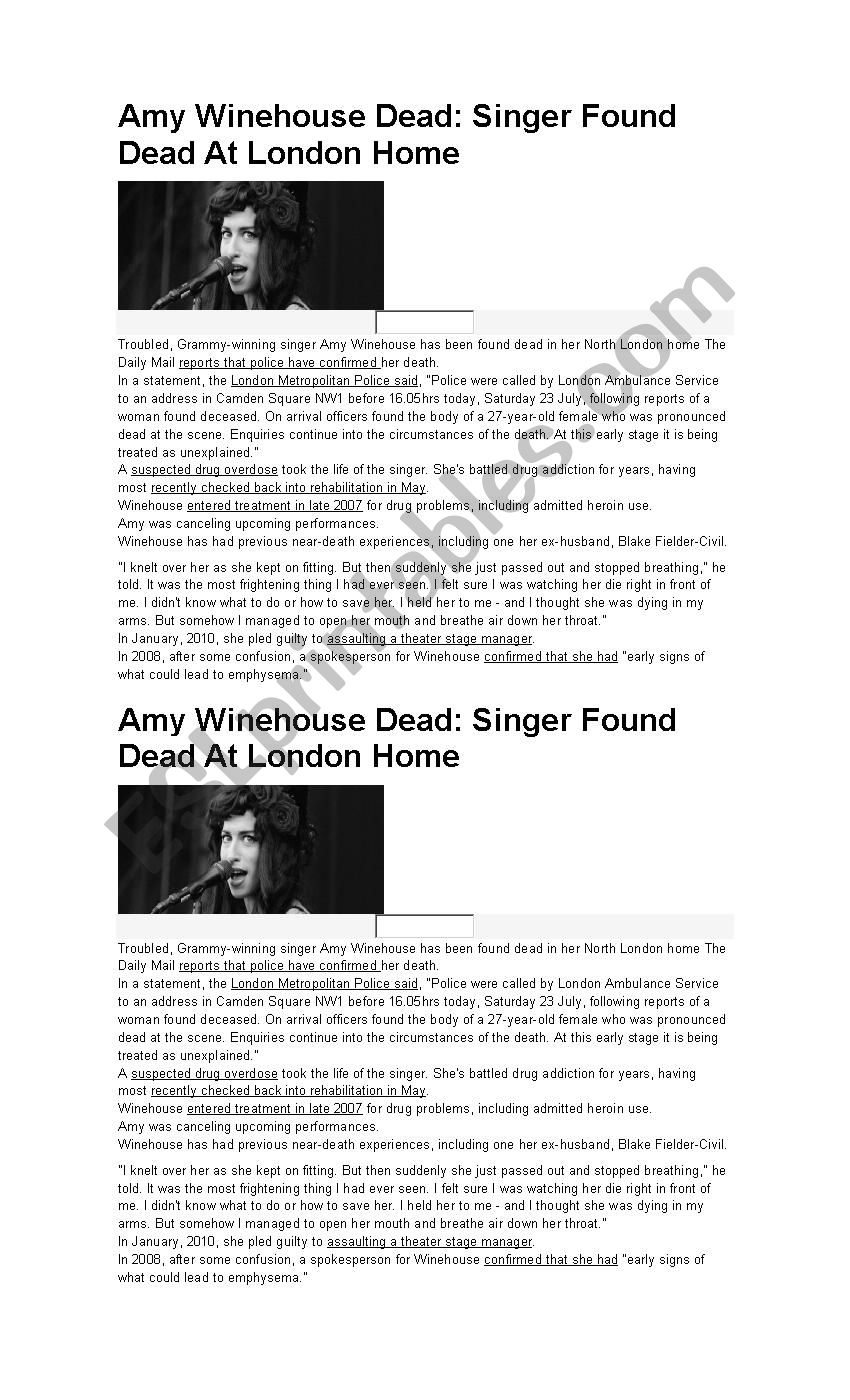 Amy winehouse biography worksheet
