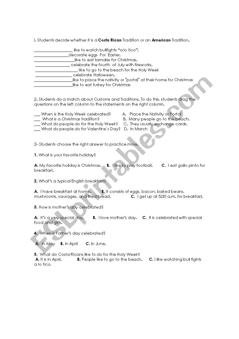 Traditions worksheet