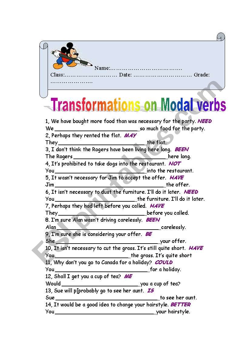 FCE WORKSHEET PART 5 MODALS worksheet