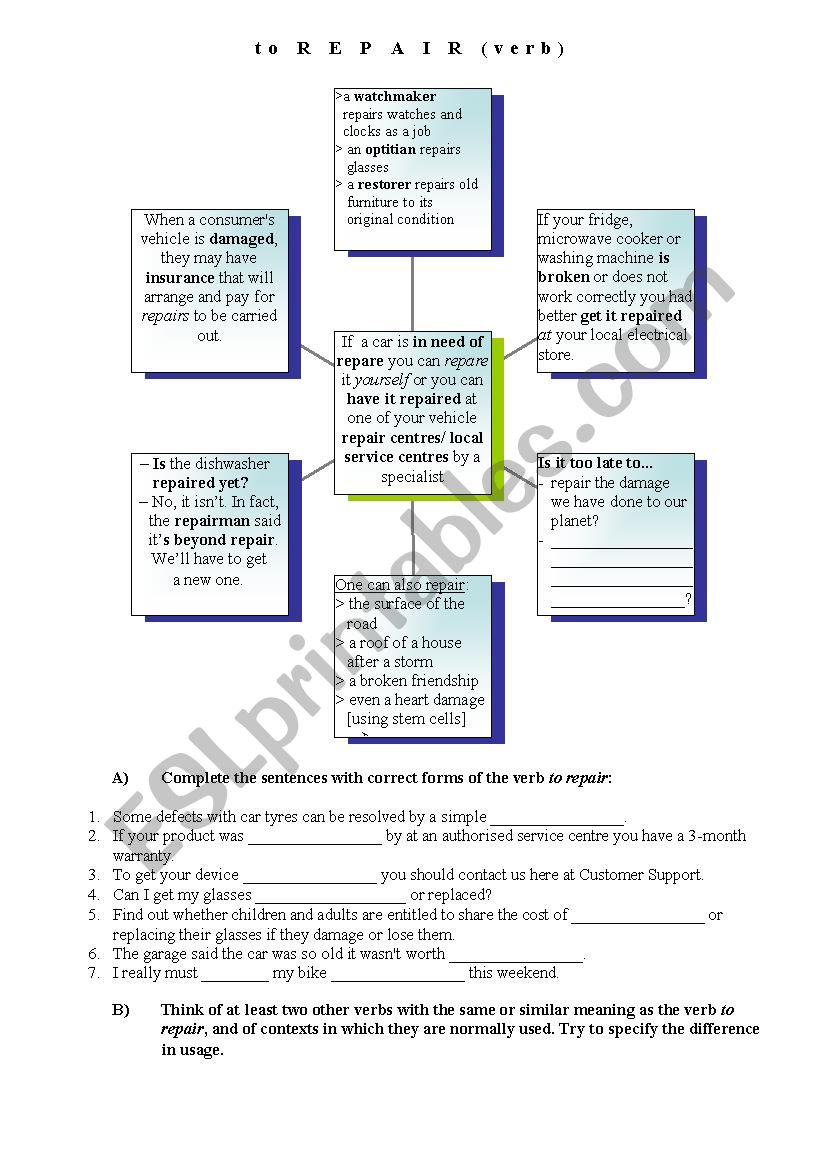 Verbs in Use: to repair worksheet