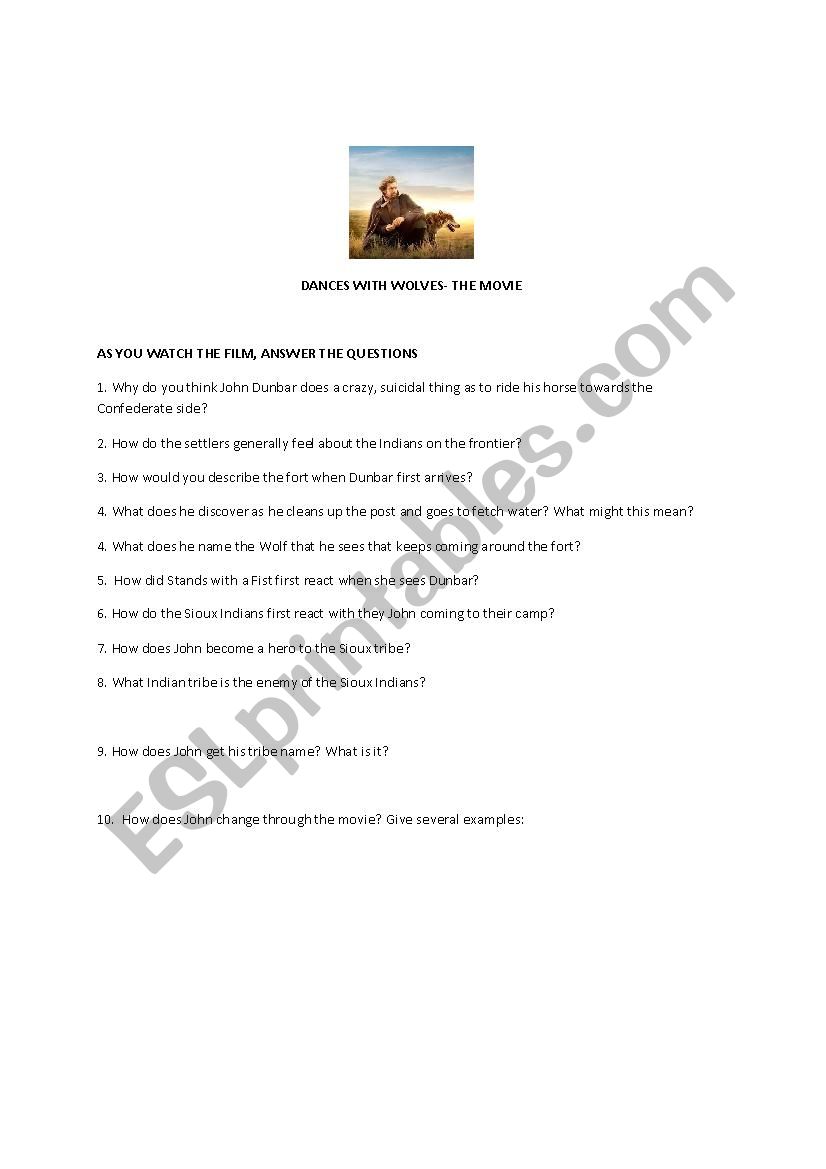 DANCES WITH WOLVES FILM WORKSHEET