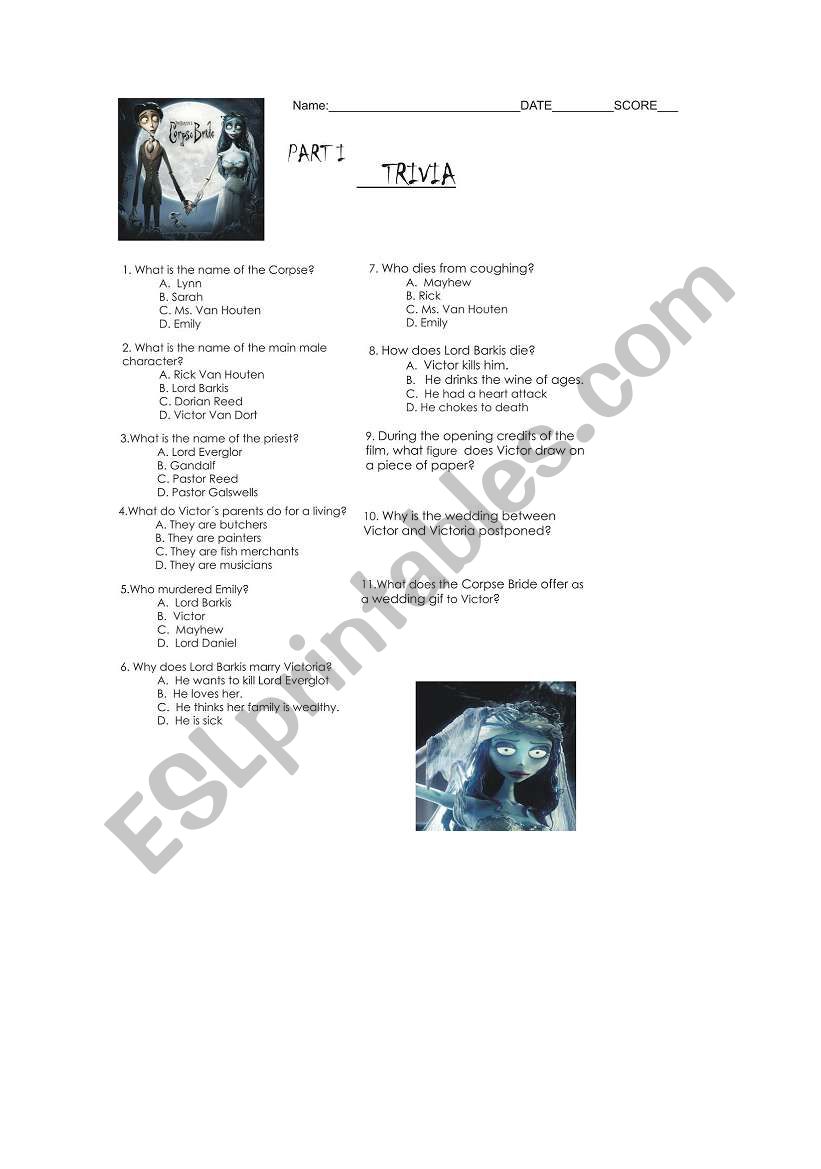 Tim Burtons Corpse Bride worksheet