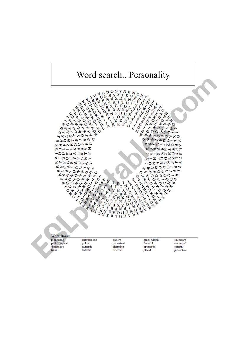 Personality Word Search  Key worksheet