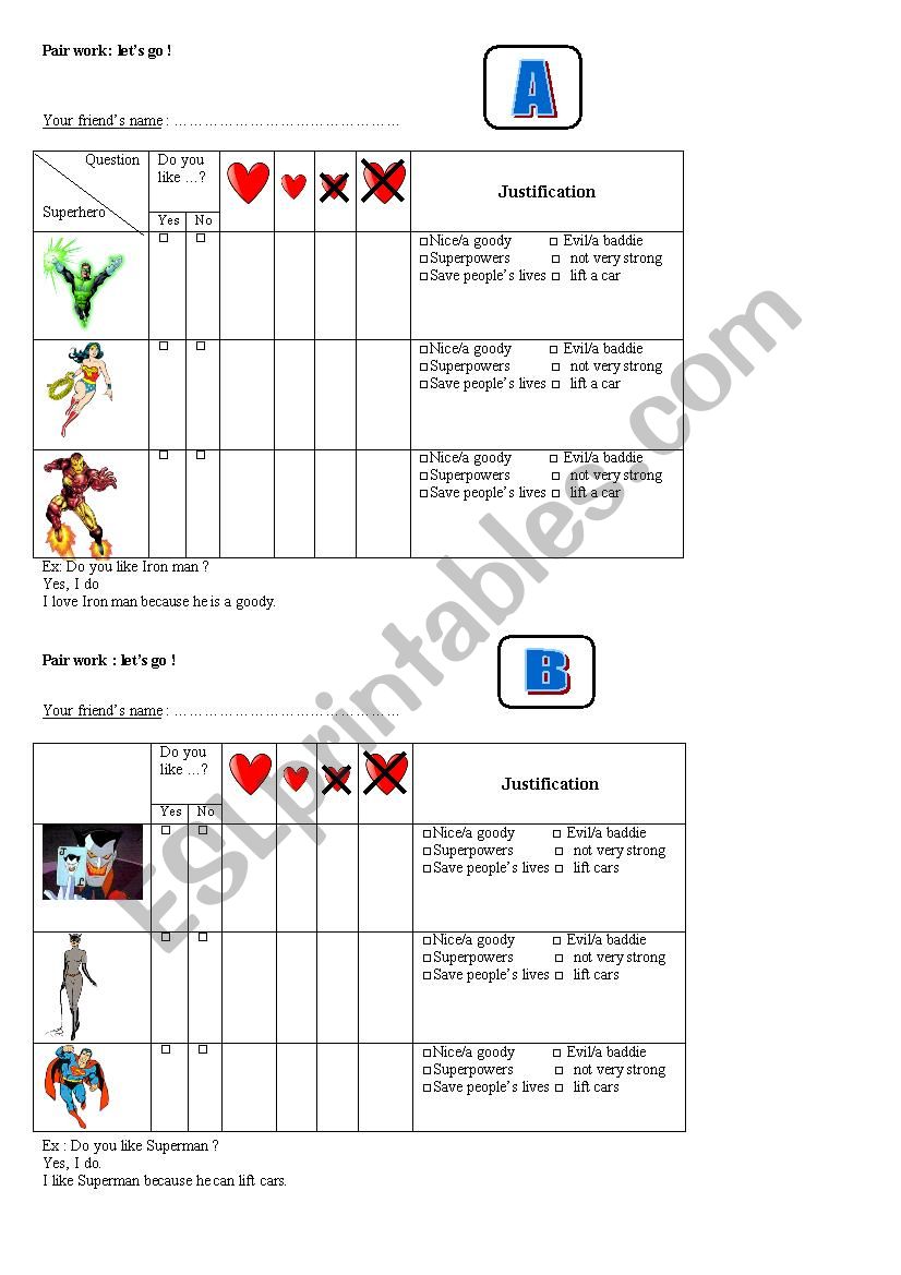 Pairwork Superheroes worksheet