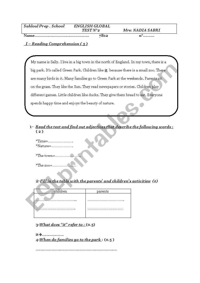 English  TEST worksheet